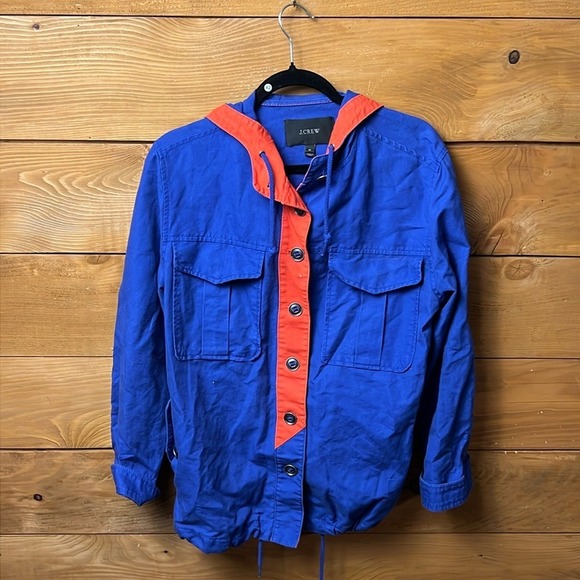 J. Crew Jackets & Blazers - J. Crew Anorak Utility Jacket Blu Orange Hooded Drawstring Cargo Pockets M Sport